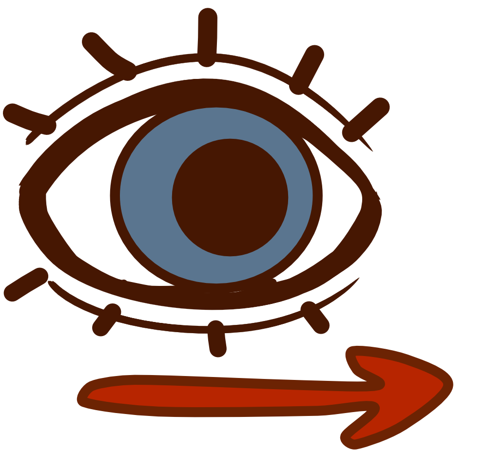 a blue eye with a brownish red arrow below it pointing to the right. The iris takes up the whole eye and is looking slightly right